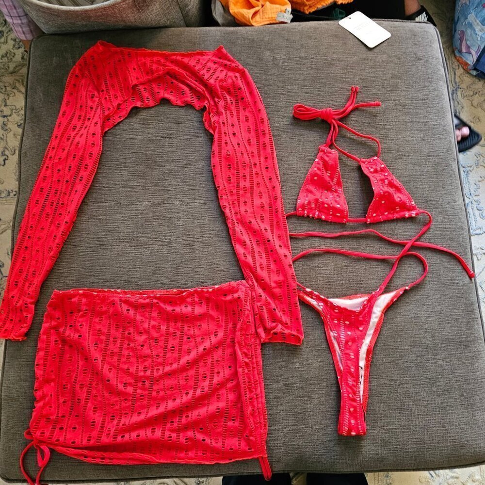 Red Sexy 4 Piece Triangle Bikini Top Thong Bottom Cover Up And Wrap Size Large - Picture 13 of 15
